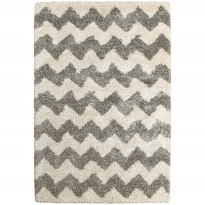HomeRoots 2' Modern Grey and Ivory Geometric Shag Runner Rug - Soft, Stain-Resistant, Ideal for High-Traffic Areas 5' X 8' 507916