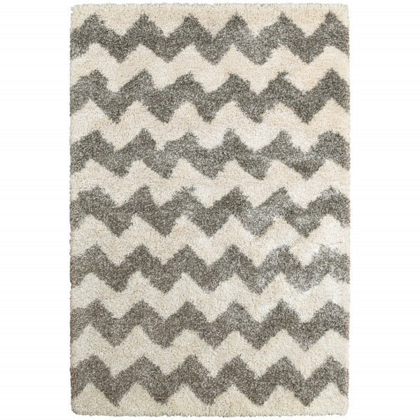 HomeRoots 2' Modern Grey and Ivory Geometric Shag Runner Rug - Soft, Stain-Resistant, Ideal for High-Traffic Areas 7' X 10' 507917