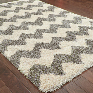 HomeRoots 2' Modern Grey and Ivory Geometric Shag Runner Rug - Soft, Stain-Resistant, Ideal for High-Traffic Areas 7' X 10' 507917