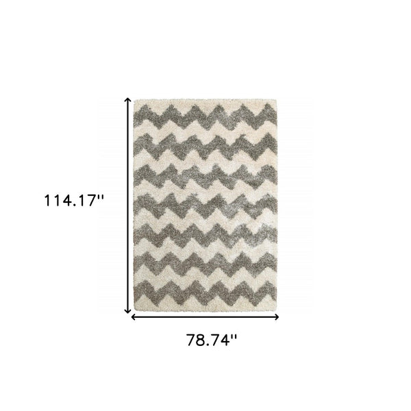 HomeRoots 2' Modern Grey and Ivory Geometric Shag Runner Rug - Soft, Stain-Resistant, Ideal for High-Traffic Areas 7' X 10' 507917