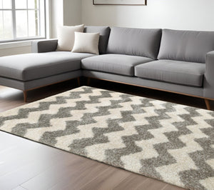 HomeRoots 2' Modern Grey and Ivory Geometric Shag Runner Rug - Soft, Stain-Resistant, Ideal for High-Traffic Areas 8' X 11' 507918