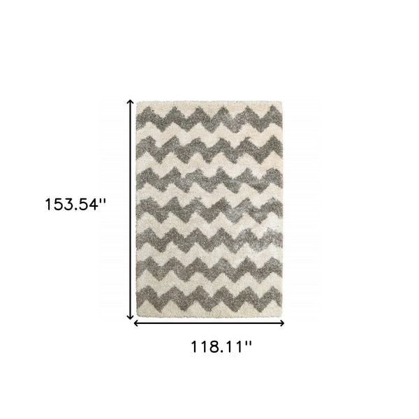 HomeRoots 2' Modern Grey and Ivory Geometric Shag Runner Rug - Soft, Stain-Resistant, Ideal for High-Traffic Areas 10' X 13' 507919