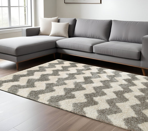 HomeRoots 2' Modern Grey and Ivory Geometric Shag Runner Rug - Soft, Stain-Resistant, Ideal for High-Traffic Areas 10' X 13' 507919