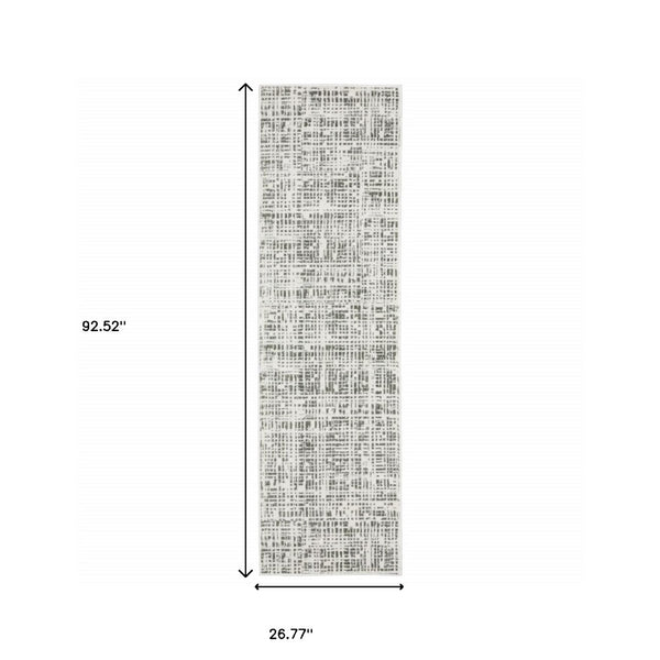 HomeRoots 2' X 8' Sleek White and Grey Abstract Power Loom Runner Rug - Stain Resistant for Busy Homes 2'3" x 7'6" 507920