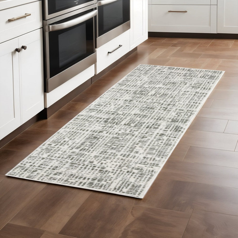HomeRoots 2' X 8' Sleek White and Grey Abstract Power Loom Runner Rug - Stain Resistant for Busy Homes 2'3" x 7'6" 507920