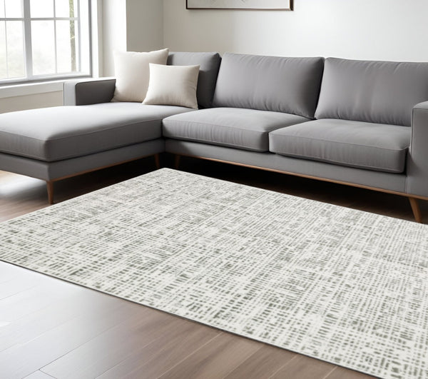 HomeRoots 2' X 8' Sleek White and Grey Abstract Power Loom Runner Rug - Stain Resistant for Busy Homes 10' X 13' 507925