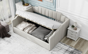 English Elm Upholstered modern daybed with under-bed storage drawers, full-size platform frame for guests Beige DL002033AAA