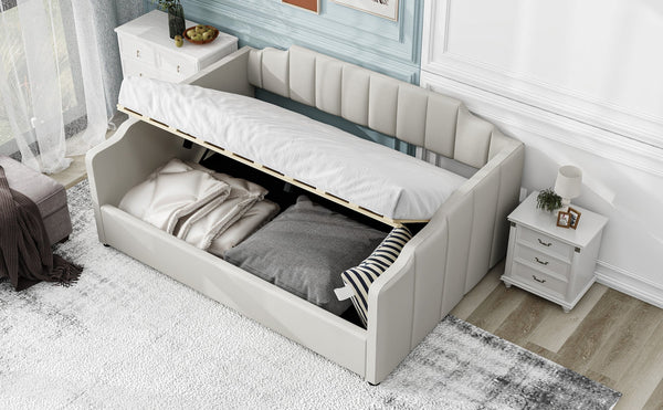 English Elm Upholstered modern daybed with under-bed storage drawers, full-size platform frame for guests Beige DL002033AAA