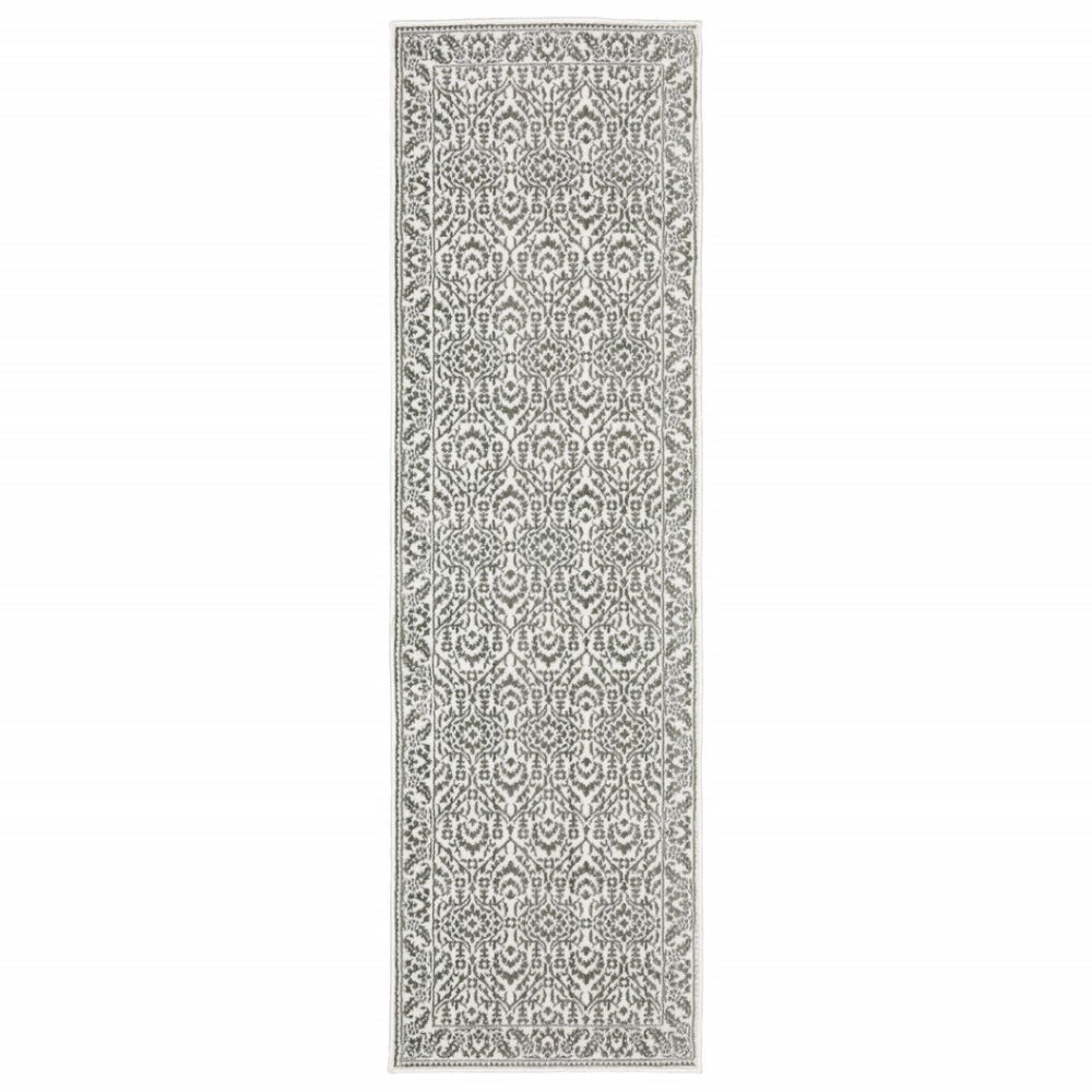 HomeRoots 2' Timeless Grey and White Floral Power Loom Runner Rug - Stain Resistant for High-Traffic Areas 2'3" x 7'6" 507938