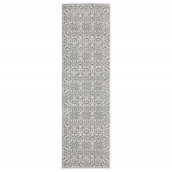 HomeRoots 2' Timeless Grey and White Floral Power Loom Runner Rug - Stain Resistant for High-Traffic Areas 2'3" x 7'6" 507938