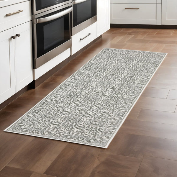 HomeRoots 2' Timeless Grey and White Floral Power Loom Runner Rug - Stain Resistant for High-Traffic Areas 2'3" x 7'6" 507938