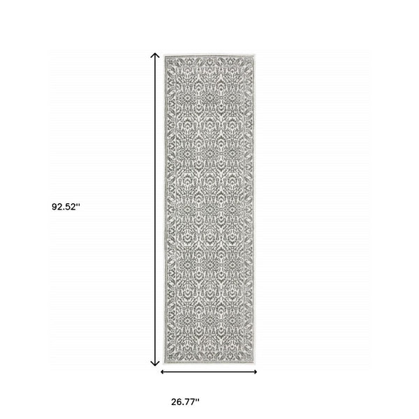 HomeRoots 2' Timeless Grey and White Floral Power Loom Runner Rug - Stain Resistant for High-Traffic Areas 2'3" x 7'6" 507938