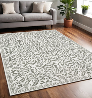 HomeRoots 2' Timeless Grey and White Floral Power Loom Runner Rug - Stain Resistant for High-Traffic Areas 5' X 8' 507940