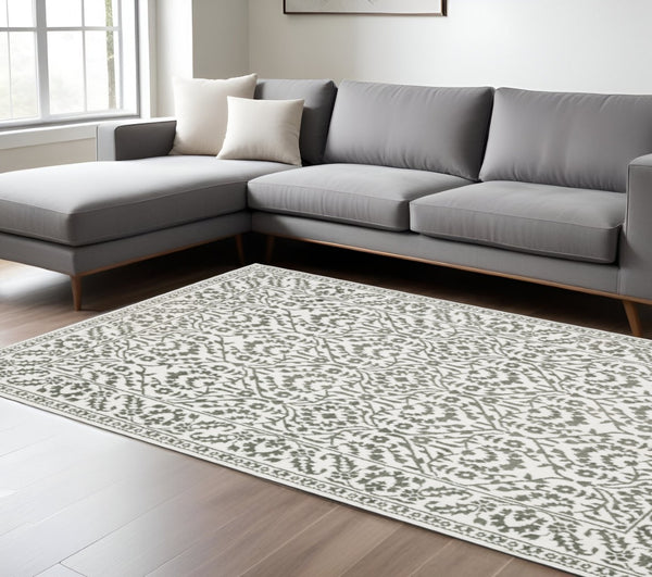 HomeRoots 2' Timeless Grey and White Floral Power Loom Runner Rug - Stain Resistant for High-Traffic Areas 7' X 10' 507941