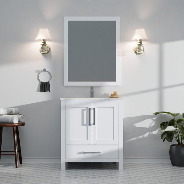 English Elm White Bath Vanity Solid Wood 30" W x 22" D with White Quartz Top, Soft-Close Drawer & Storage B2731P258777