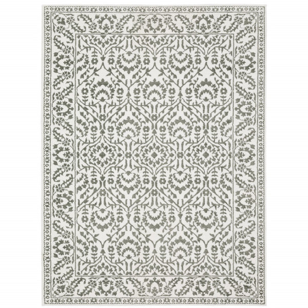 HomeRoots 2' Timeless Grey and White Floral Power Loom Runner Rug - Stain Resistant for High-Traffic Areas 8' X 11' 507942