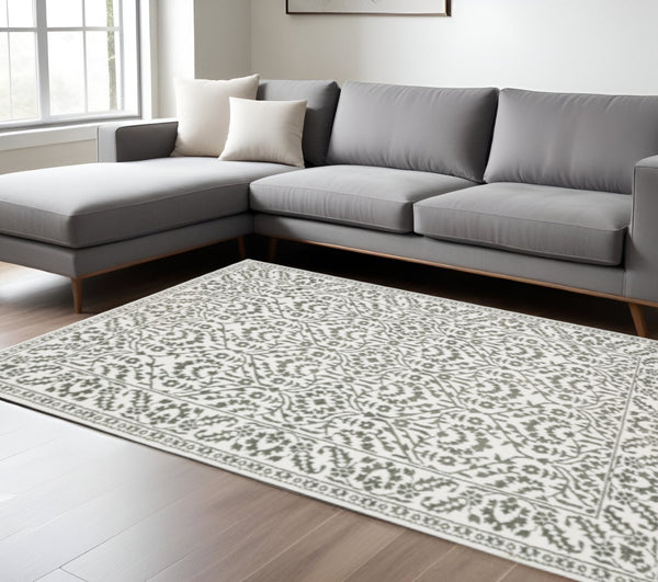 HomeRoots 2' Timeless Grey and White Floral Power Loom Runner Rug - Stain Resistant for High-Traffic Areas 10' X 13' 507943