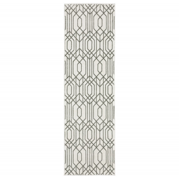 HomeRoots 2' White and Grey Geometric Runner Rug - Stain Resistant, Modern Design for High-Traffic Areas 2'3" x 7'6" 507944
