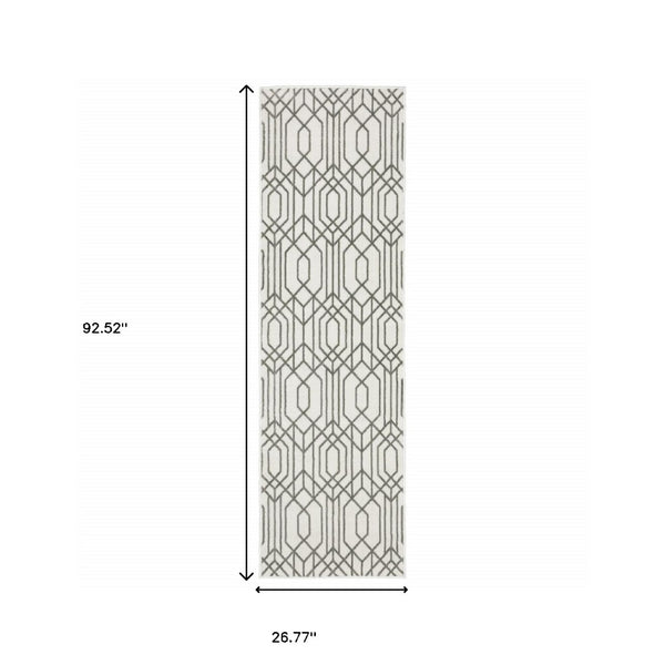 HomeRoots 2' White and Grey Geometric Runner Rug - Stain Resistant, Modern Design for High-Traffic Areas 2'3" x 7'6" 507944
