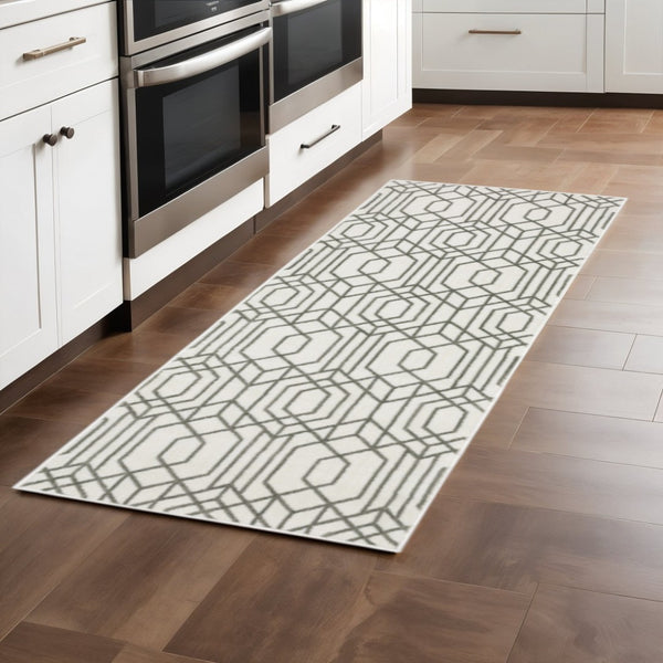 HomeRoots 2' White and Grey Geometric Runner Rug - Stain Resistant, Modern Design for High-Traffic Areas 2'3" x 7'6" 507944