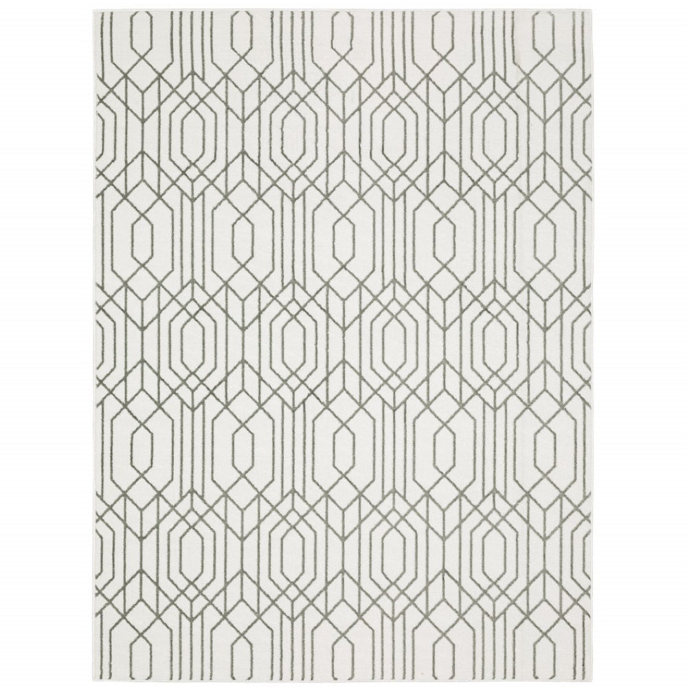 HomeRoots 2' White and Grey Geometric Runner Rug - Stain Resistant, Modern Design for High-Traffic Areas 7' X 10' 507947