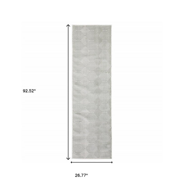 HomeRoots 2' Grey and White Geometric Runner Rug - Stain Resistant and Modern Design for High-Traffic Areas 2'3" x 7'6" 507950