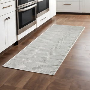 HomeRoots 2' Grey and White Geometric Runner Rug - Stain Resistant and Modern Design for High-Traffic Areas 2'3" x 7'6" 507950