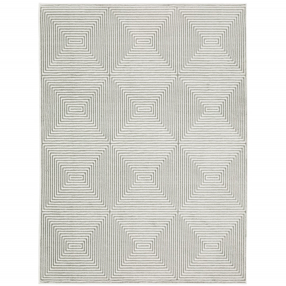 HomeRoots 2' Grey and White Geometric Runner Rug - Stain Resistant and Modern Design for High-Traffic Areas 10' X 13' 507955