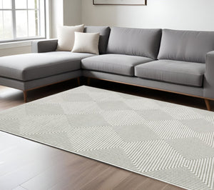 HomeRoots 2' Grey and White Geometric Runner Rug - Stain Resistant and Modern Design for High-Traffic Areas 10' X 13' 507955