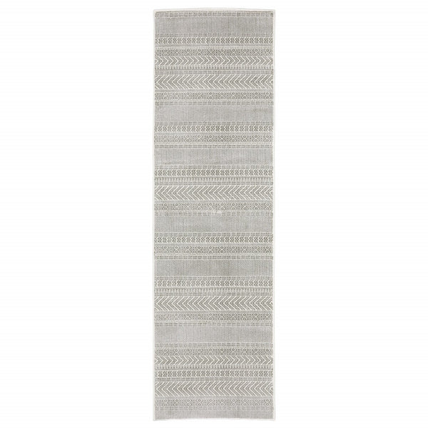 HomeRoots 2' White and Grey Geometric Power Loom Runner Rug - Stain Resistant, Durable, Modern Design for Hallways 2'3" x 7'6" 507956