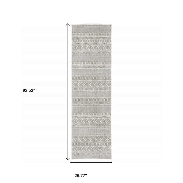 HomeRoots 2' White and Grey Geometric Power Loom Runner Rug - Stain Resistant, Durable, Modern Design for Hallways 2'3" x 7'6" 507956