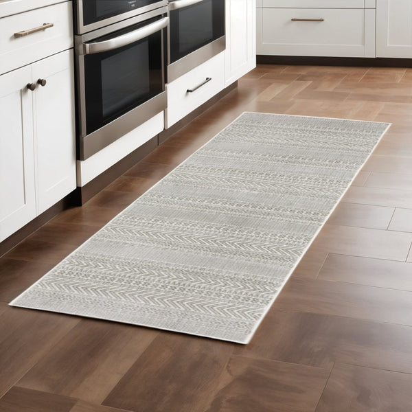 HomeRoots 2' White and Grey Geometric Power Loom Runner Rug - Stain Resistant, Durable, Modern Design for Hallways 2'3" x 7'6" 507956