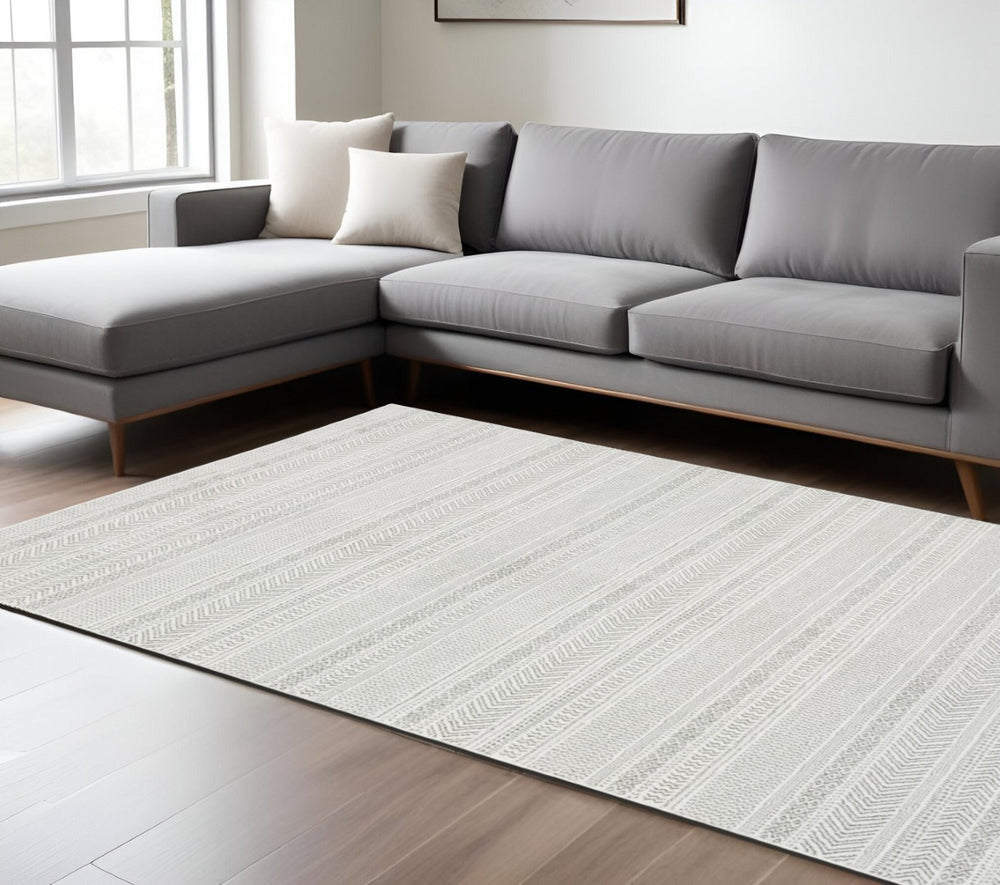 HomeRoots 2' White and Grey Geometric Power Loom Runner Rug - Stain Resistant, Durable, Modern Design for Hallways 7' X 10' 507959