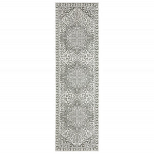HomeRoots 2' Elegant Grey and White Oriental Power Loom Runner Rug - Stain Resistant, Ideal for Busy Homes 2'3" x 7'6" 507962