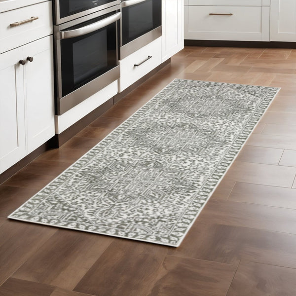 HomeRoots 2' Elegant Grey and White Oriental Power Loom Runner Rug - Stain Resistant, Ideal for Busy Homes 2'3" x 7'6" 507962