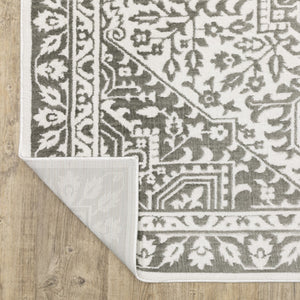 HomeRoots 2' Elegant Grey and White Oriental Power Loom Runner Rug - Stain Resistant, Ideal for Busy Homes 2'3" x 7'6" 507962