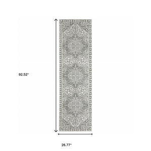 HomeRoots 2' Elegant Grey and White Oriental Power Loom Runner Rug - Stain Resistant, Ideal for Busy Homes 2'3" x 7'6" 507962