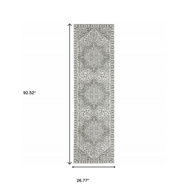 HomeRoots 2' Elegant Grey and White Oriental Power Loom Runner Rug - Stain Resistant, Ideal for Busy Homes 2'3" x 7'6" 507962