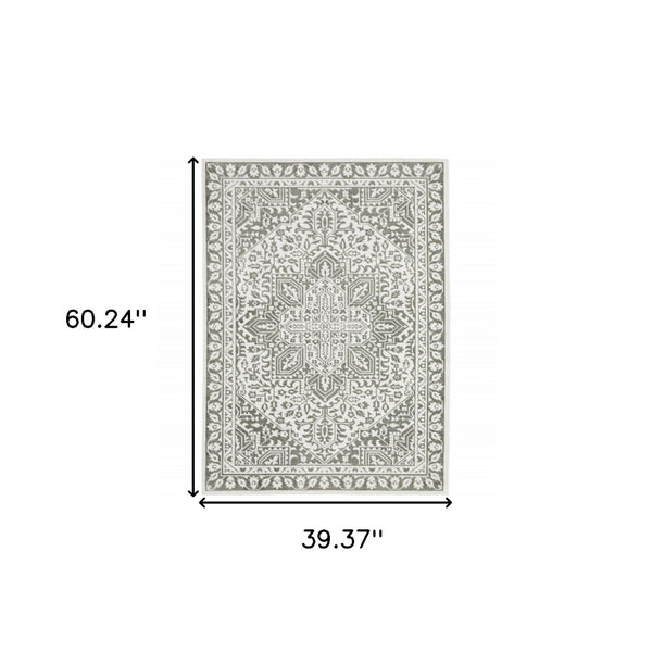 HomeRoots 2' Elegant Grey and White Oriental Power Loom Runner Rug - Stain Resistant, Ideal for Busy Homes 3' x 5' 507963