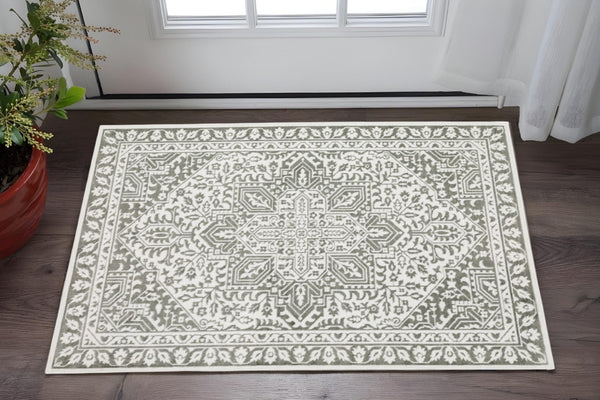 HomeRoots 2' Elegant Grey and White Oriental Power Loom Runner Rug - Stain Resistant, Ideal for Busy Homes 3' x 5' 507963