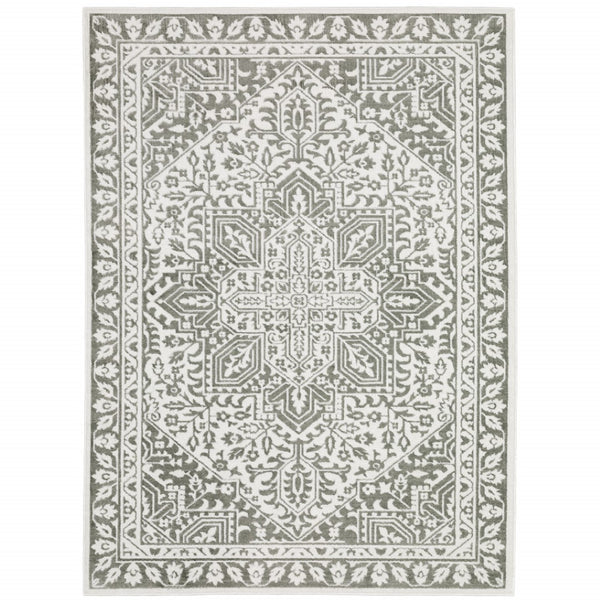 HomeRoots 2' Elegant Grey and White Oriental Power Loom Runner Rug - Stain Resistant, Ideal for Busy Homes 5' X 8' 507964
