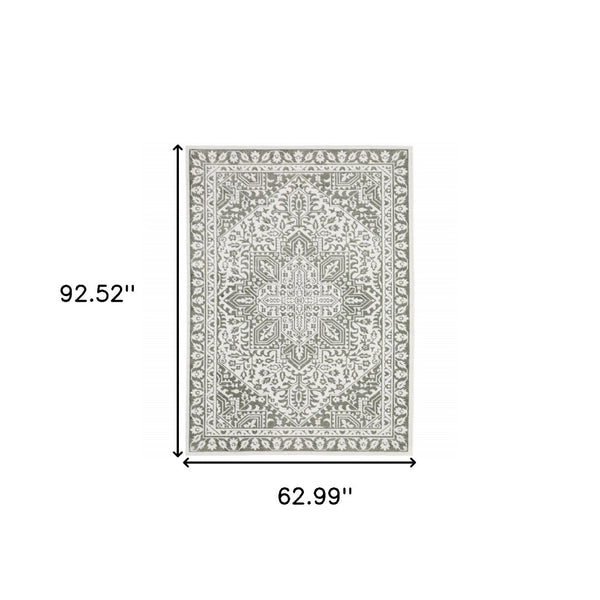 HomeRoots 2' Elegant Grey and White Oriental Power Loom Runner Rug - Stain Resistant, Ideal for Busy Homes 5' X 8' 507964