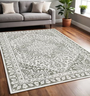 HomeRoots 2' Elegant Grey and White Oriental Power Loom Runner Rug - Stain Resistant, Ideal for Busy Homes 5' X 8' 507964