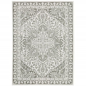 HomeRoots 2' Elegant Grey and White Oriental Power Loom Runner Rug - Stain Resistant, Ideal for Busy Homes 7' X 10' 507965