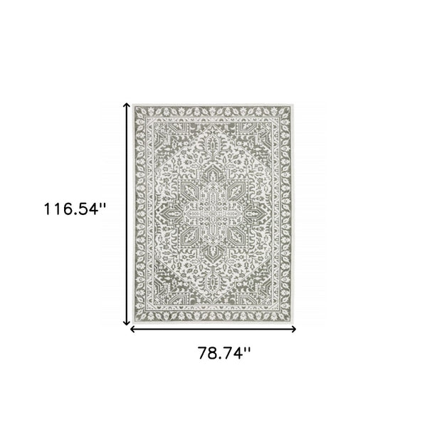 HomeRoots 2' Elegant Grey and White Oriental Power Loom Runner Rug - Stain Resistant, Ideal for Busy Homes 7' X 10' 507965