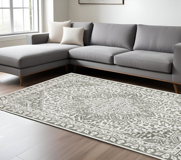 HomeRoots 2' Elegant Grey and White Oriental Power Loom Runner Rug - Stain Resistant, Ideal for Busy Homes 7' X 10' 507965