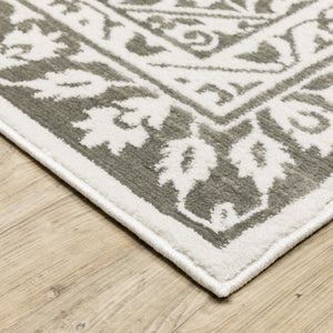 HomeRoots 2' Elegant Grey and White Oriental Power Loom Runner Rug - Stain Resistant, Ideal for Busy Homes 7' X 10' 507965