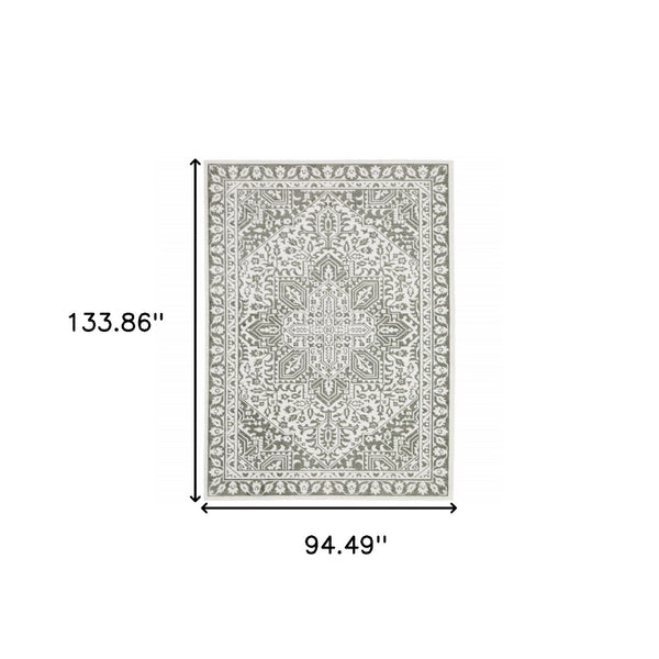 HomeRoots 2' Elegant Grey and White Oriental Power Loom Runner Rug - Stain Resistant, Ideal for Busy Homes 8' X 11' 507966