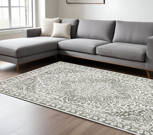 HomeRoots 2' Elegant Grey and White Oriental Power Loom Runner Rug - Stain Resistant, Ideal for Busy Homes 8' X 11' 507966