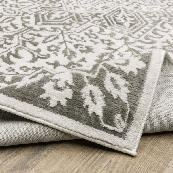 HomeRoots 2' Elegant Grey and White Oriental Power Loom Runner Rug - Stain Resistant, Ideal for Busy Homes 8' X 11' 507966
